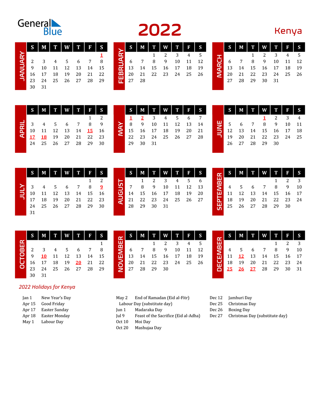 2022 Kenya Calendar With Holidays