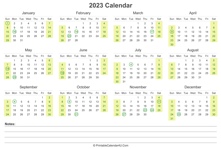 2023 Calendar With US Holidays And Notes Landscape Layout