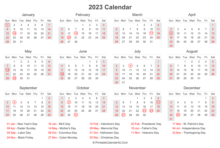 2023 Calendar With US Holidays At Bottom Landscape Layout 