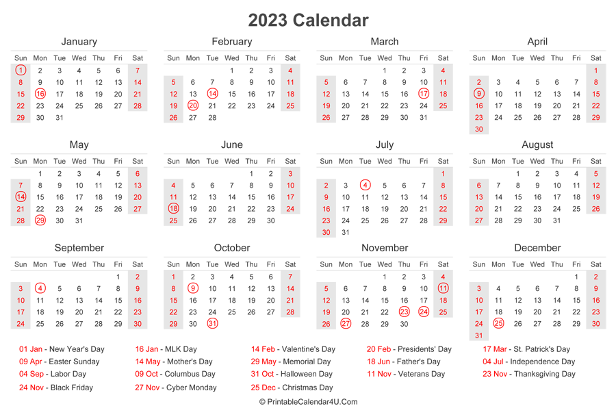 2023 Calendar With US Holidays At Bottom Landscape Layout