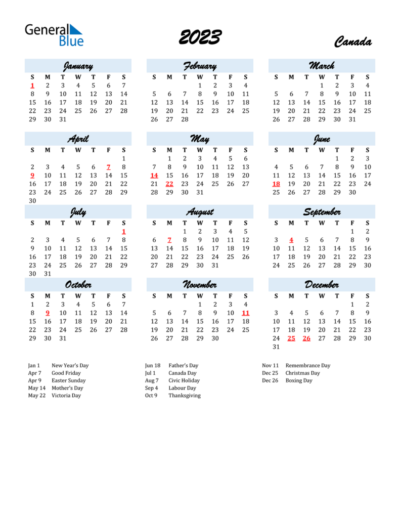 2023 Canada Calendar With Holidays