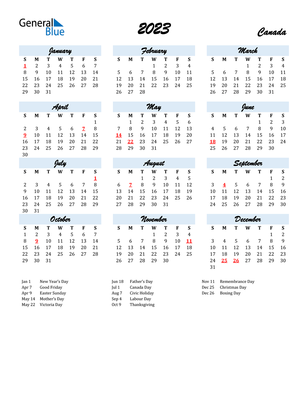 2023 Canada Calendar With Holidays