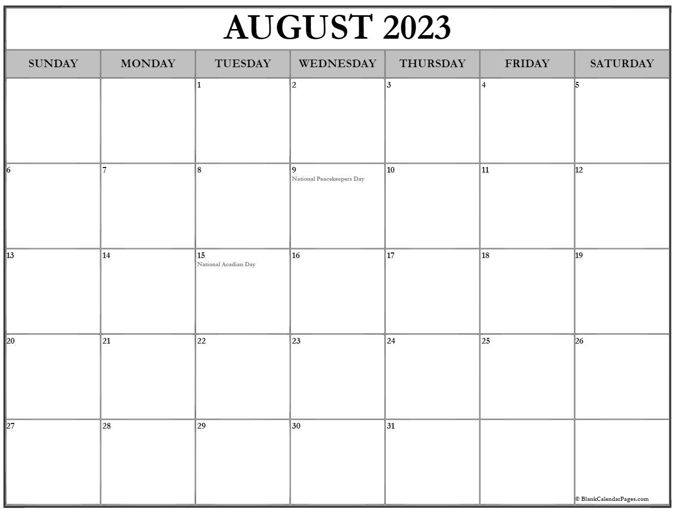 August 2023 With Holidays Calendar
