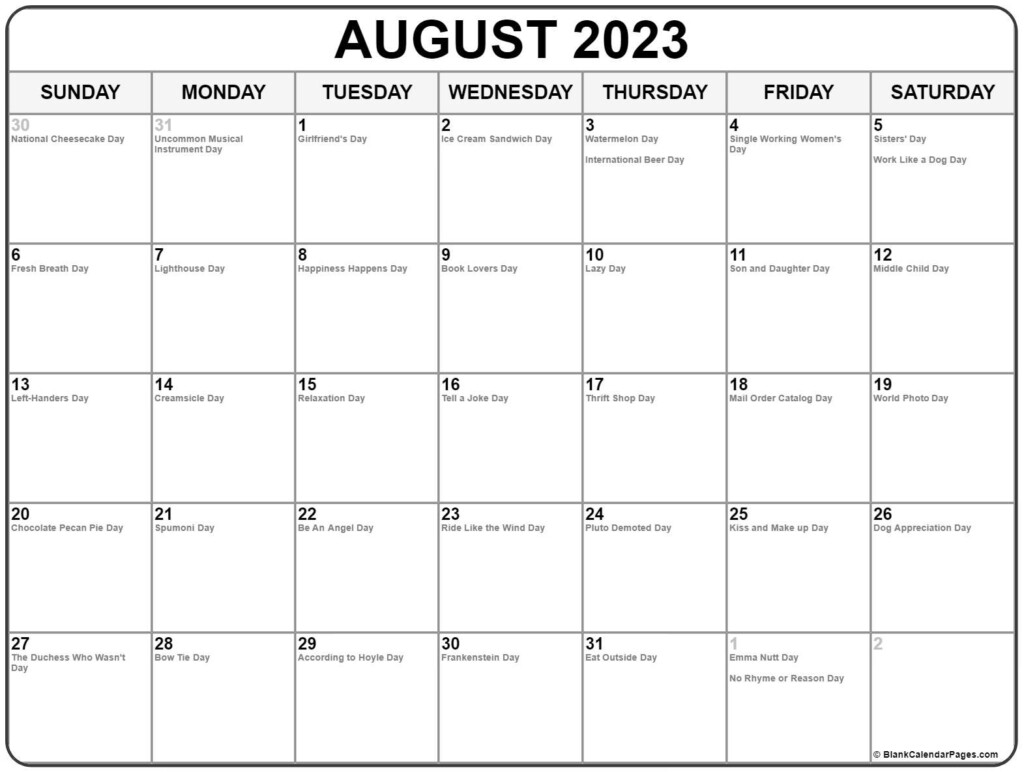 August 2023 With Holidays Calendar