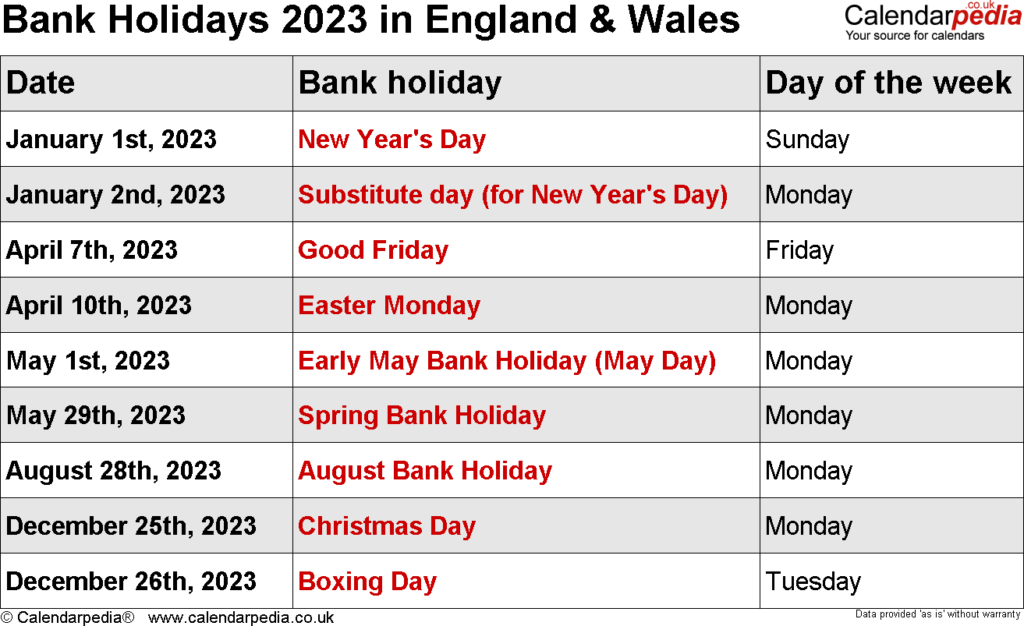 Bank Holidays 2023 In The UK With Printable Templates