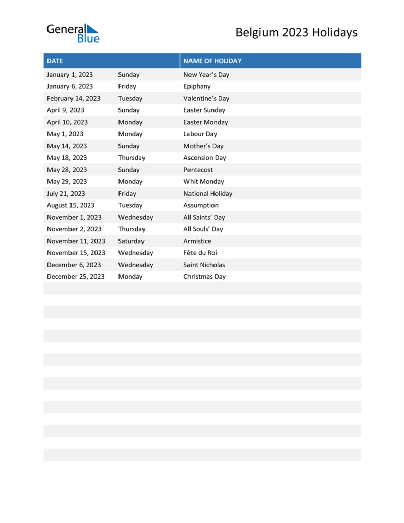 Belgium Holidays 2023 In PDF Word And Excel