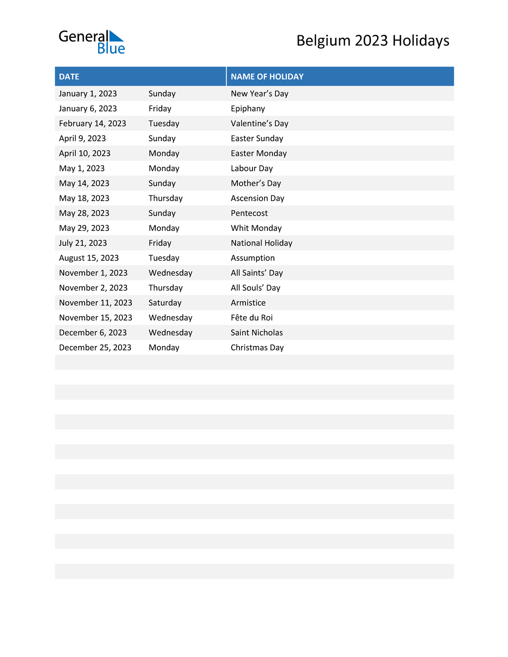 Belgium Holidays 2023 In PDF Word And Excel