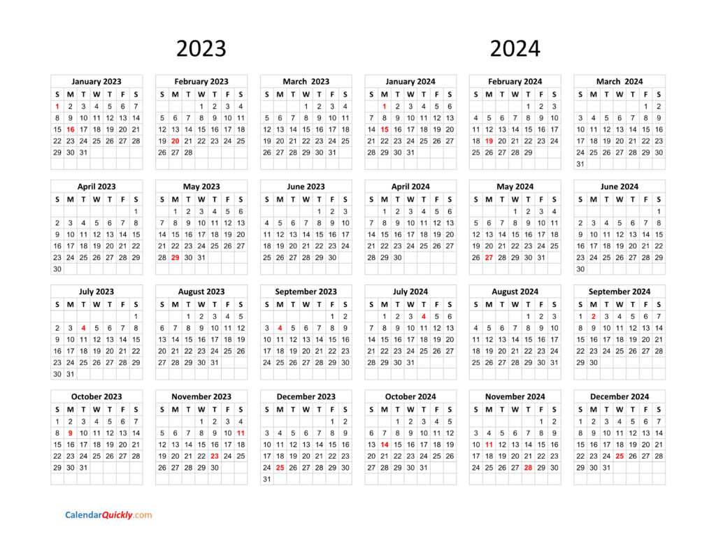 Calendar 2023 And 2024 On One Page Calendar Quickly