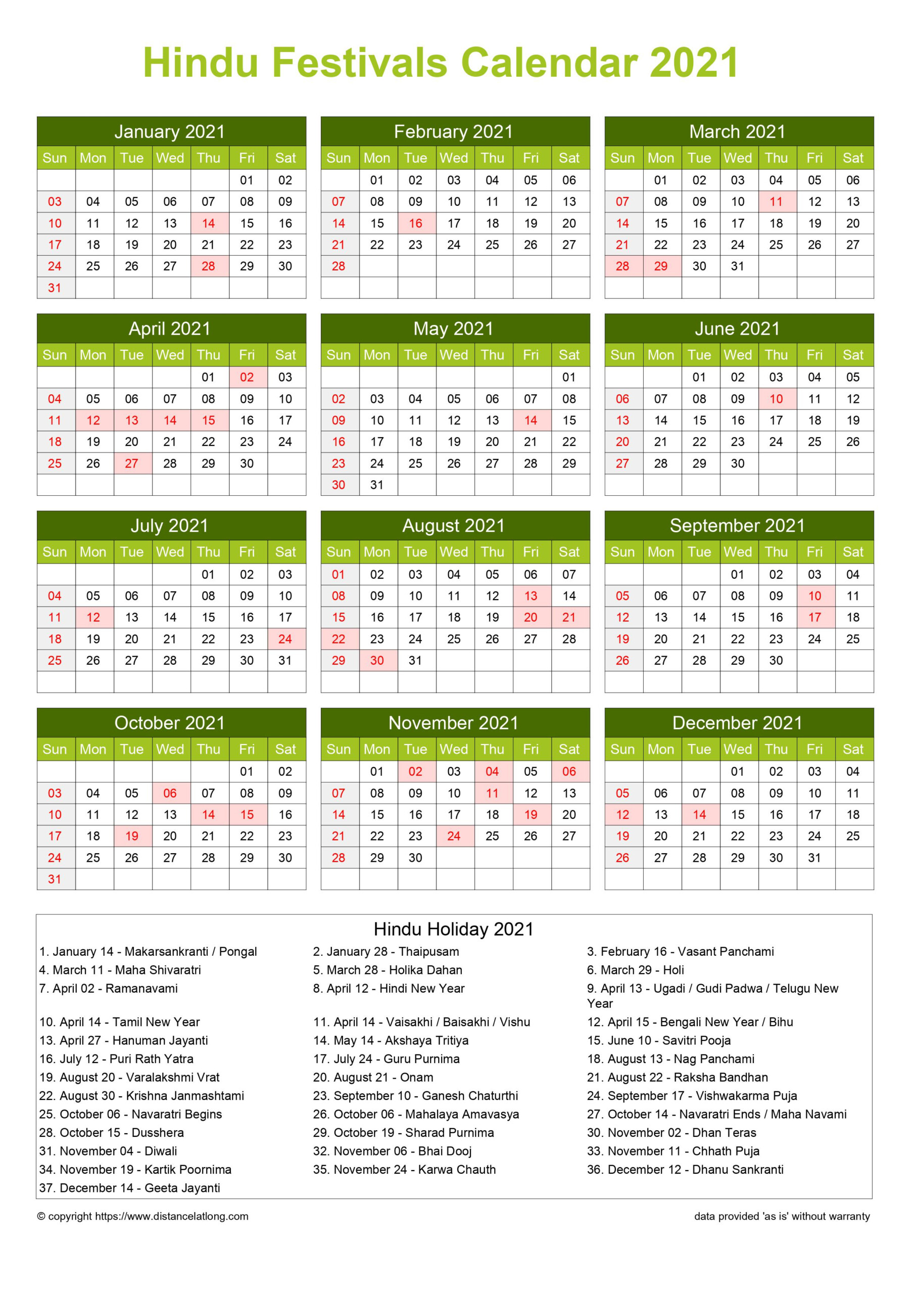 Calendar Horizintal Grid Sunday To Saturday Hindu Holiday A4 Natural 2021