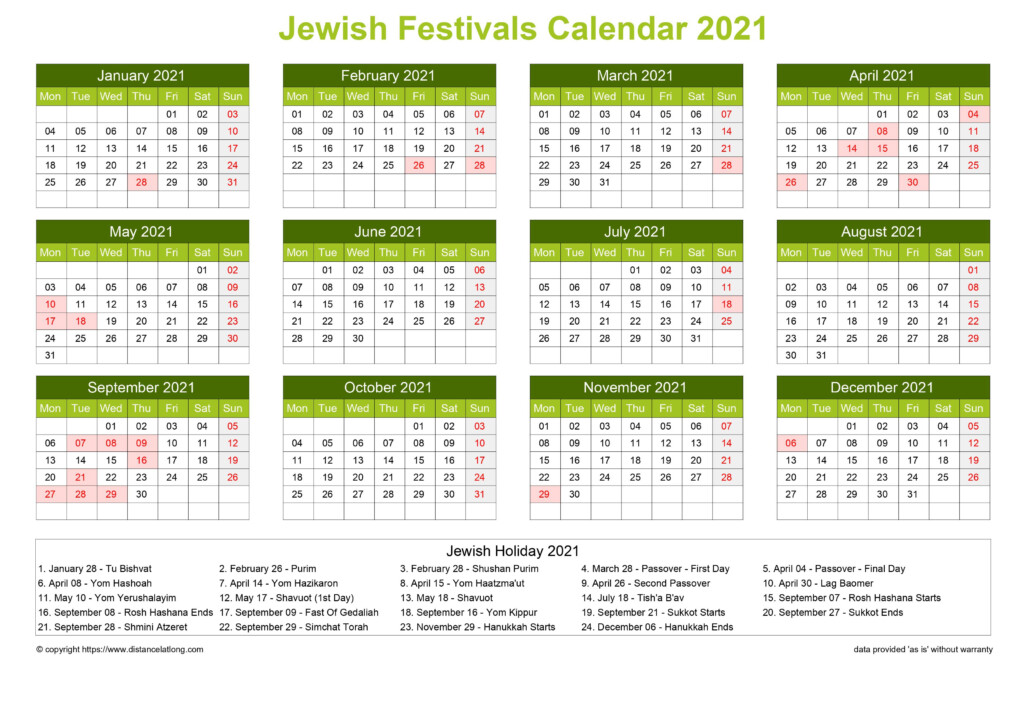 Calendar Horizintal Grid Sunday To Saturday Jewish Holiday A4 Natural 2021