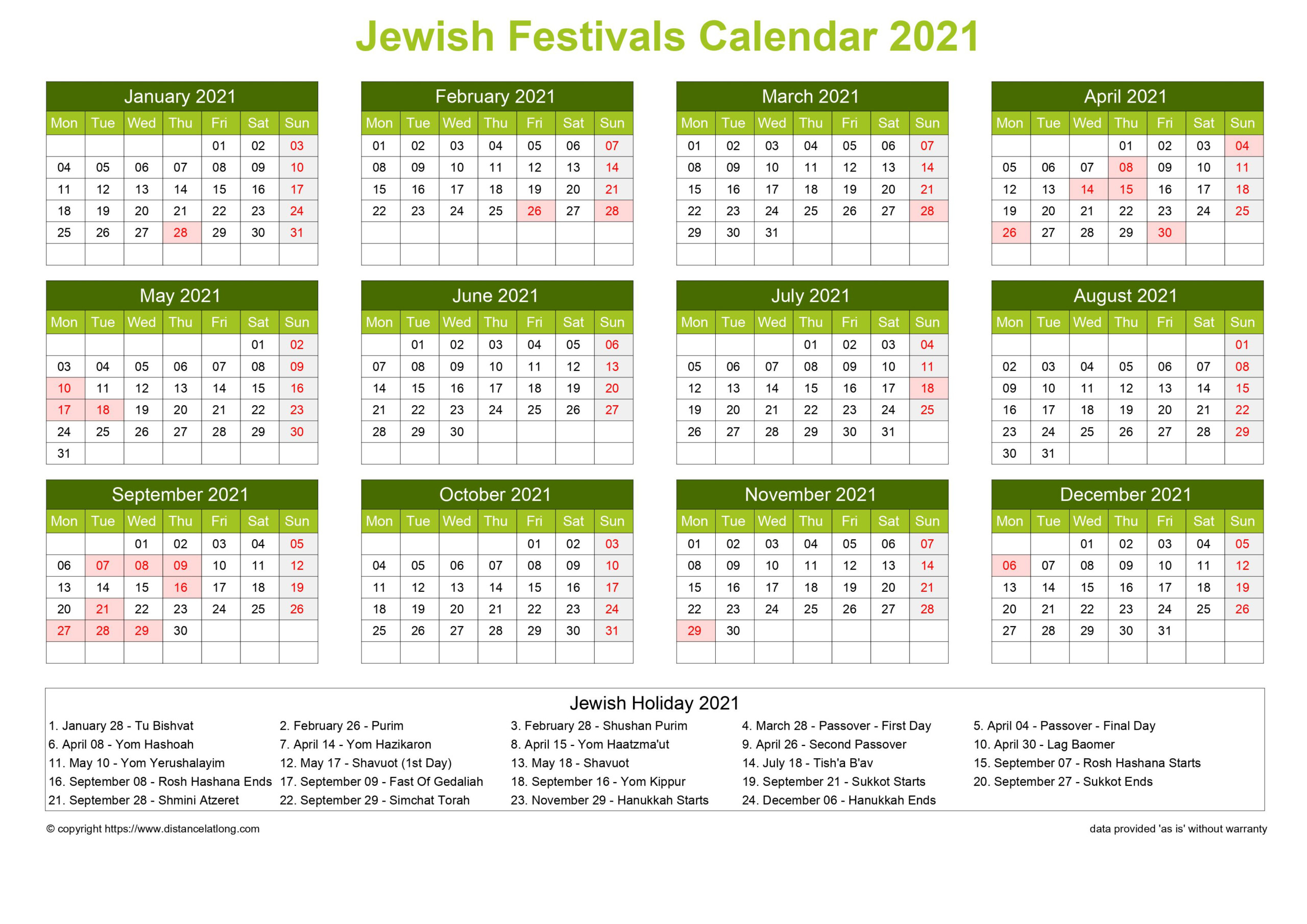 Calendar Horizintal Grid Sunday To Saturday Jewish Holiday A4 Natural 2021