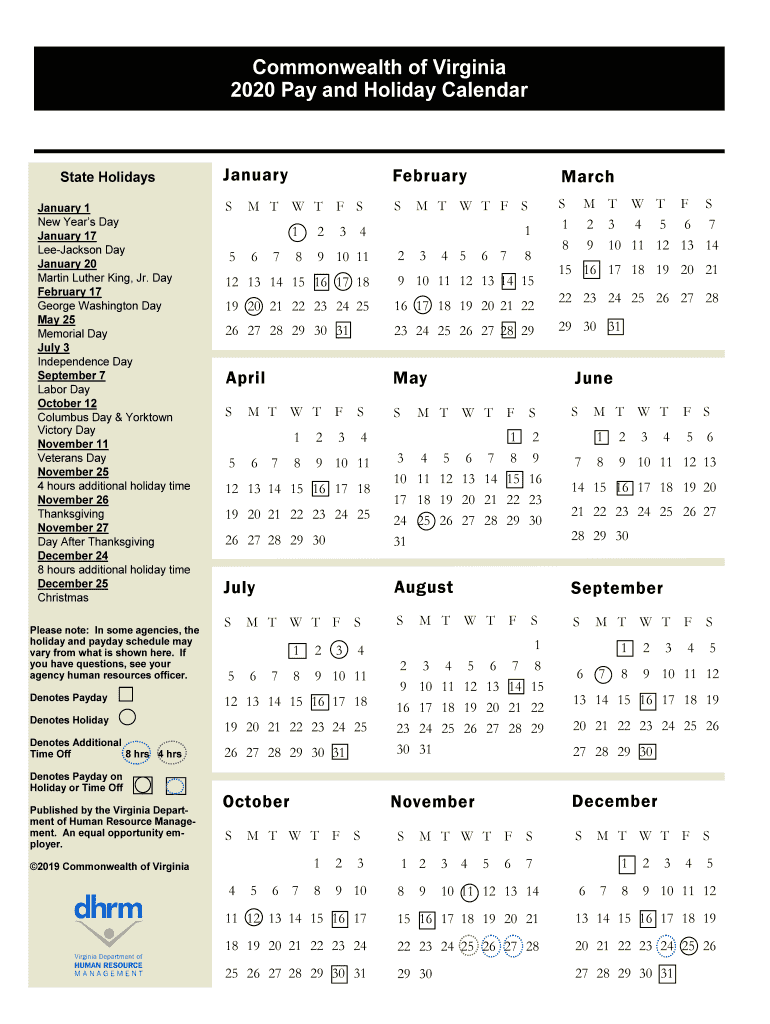 Commonwealth Of Virginia 2020 Pay And Holiday Calendar Fill And Sign