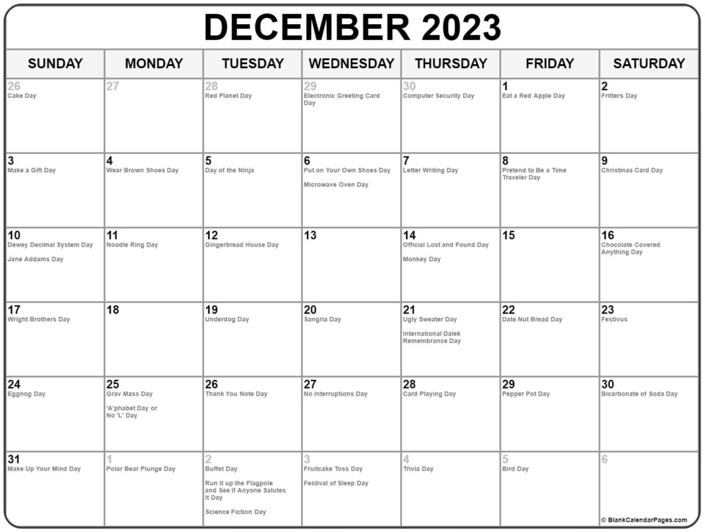 December 2023 With Holidays Calendar