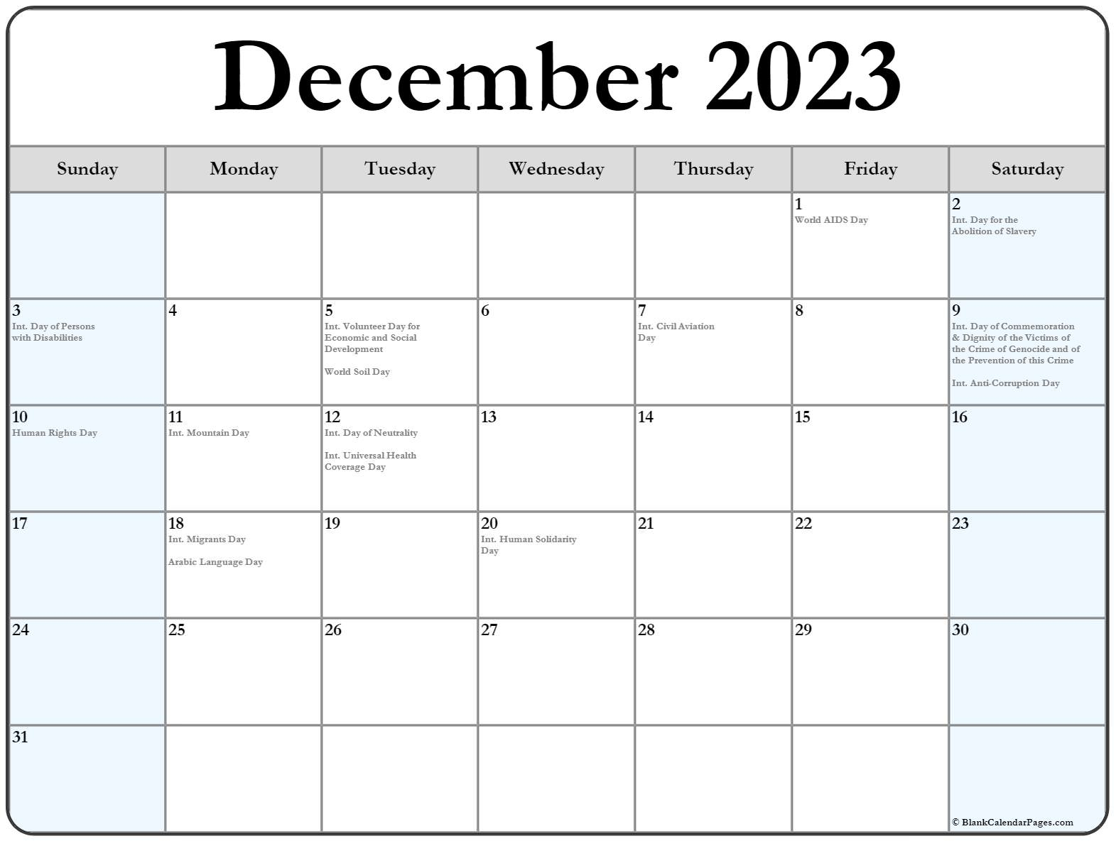 December 2023 With Holidays Calendar