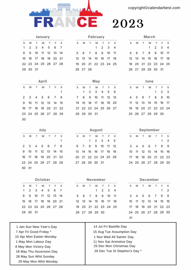 France Calendar 2023 With Holidays Best Printable Calendar