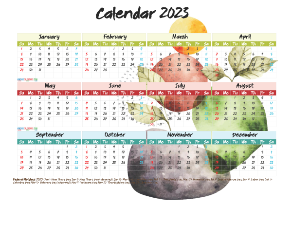 Free 2023 Printable Yearly Calendar With Holidays 12 Templates Watercolor