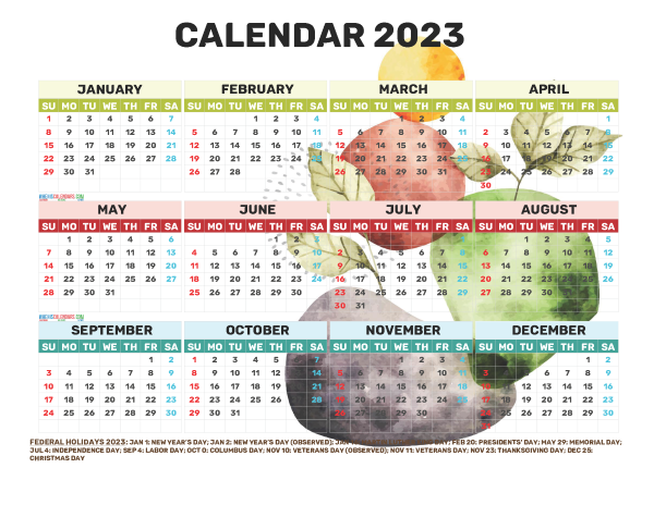 Free Printable 2023 Yearly Calendar With Holidays Watercolor y2746bold