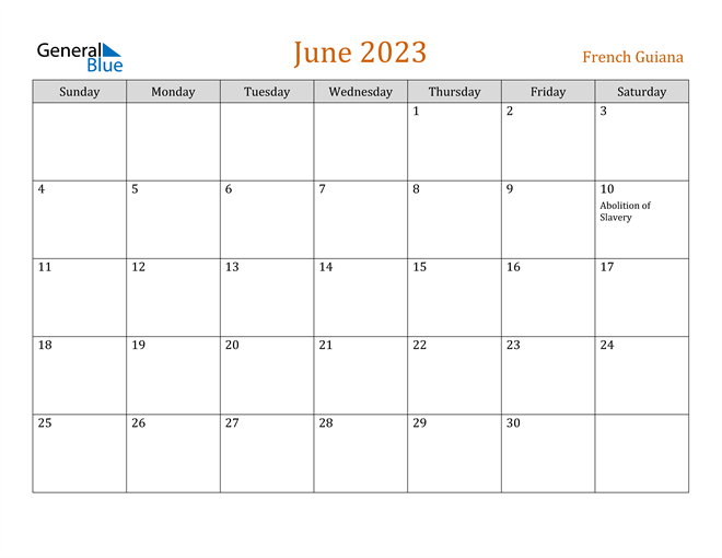 French Guiana June 2023 Calendar With Holidays