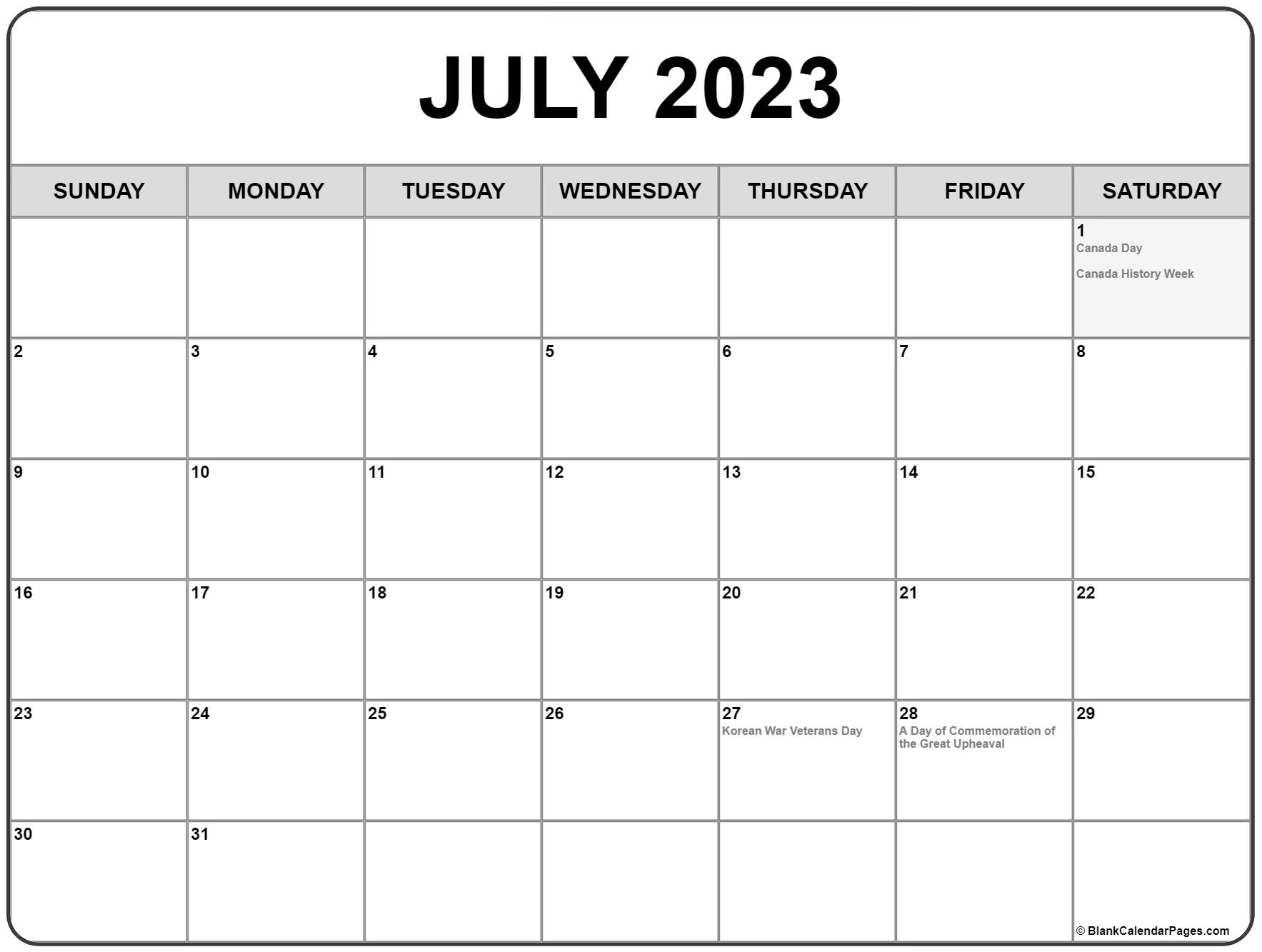 July 2023 Calendar With Holidays