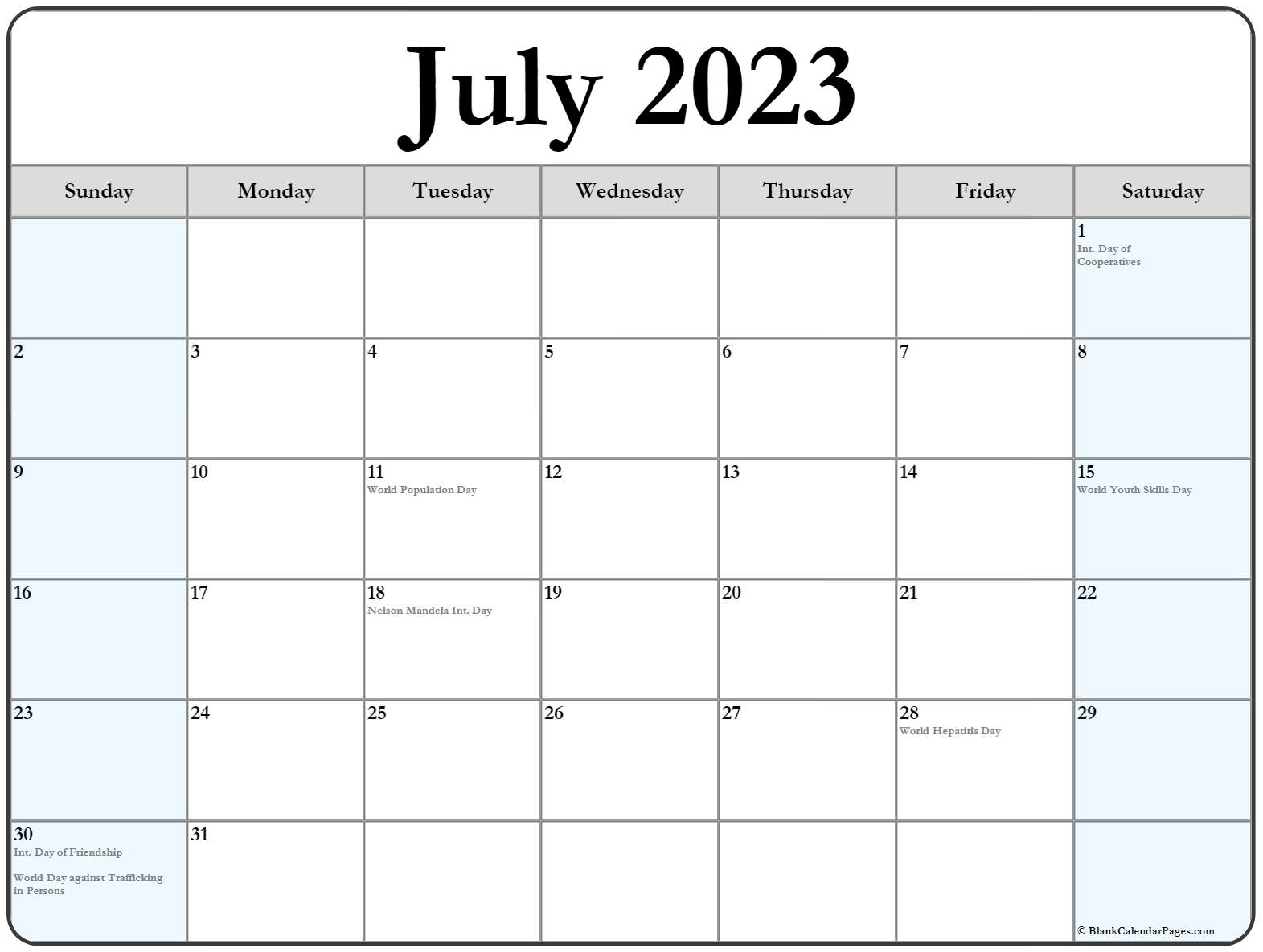 July 2023 Calendar With Holidays