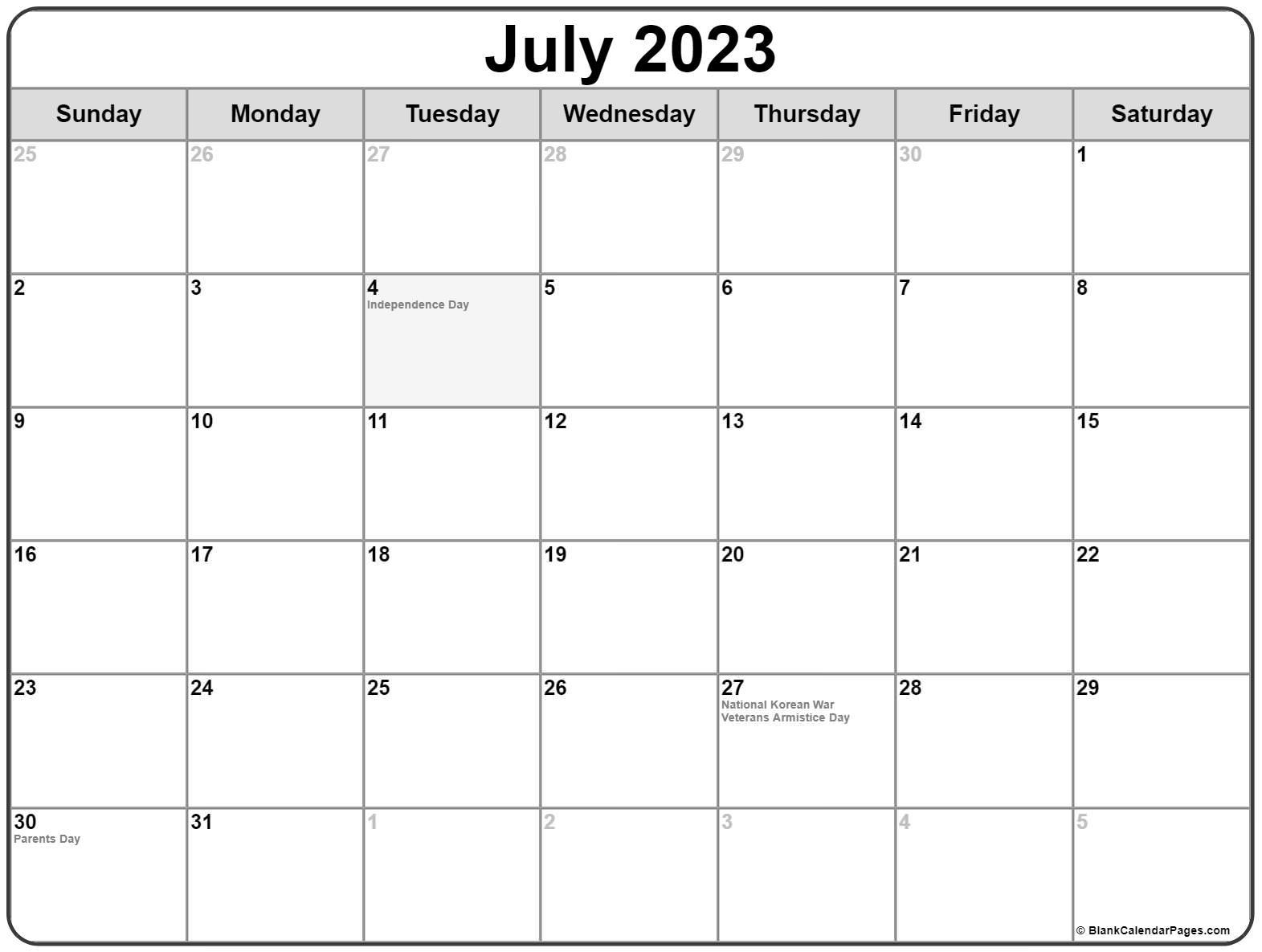 July 2023 Calendar With Holidays