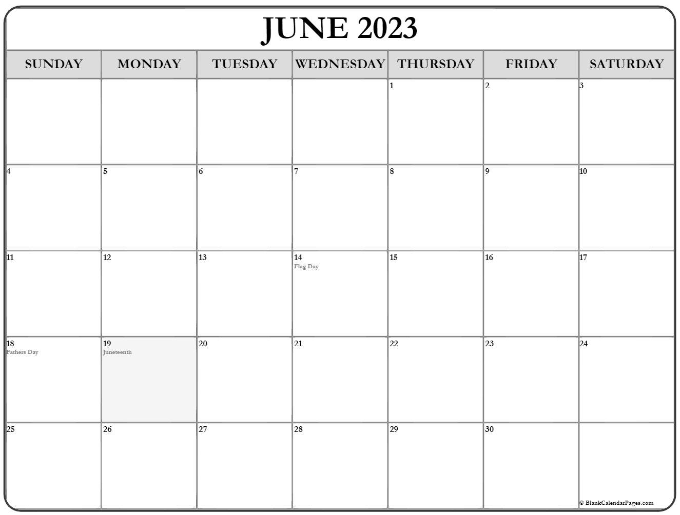 June 2023 With Holidays Calendar