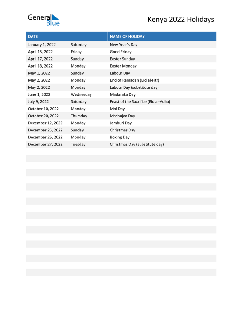 Kenya Holidays 2022 In PDF Word And Excel
