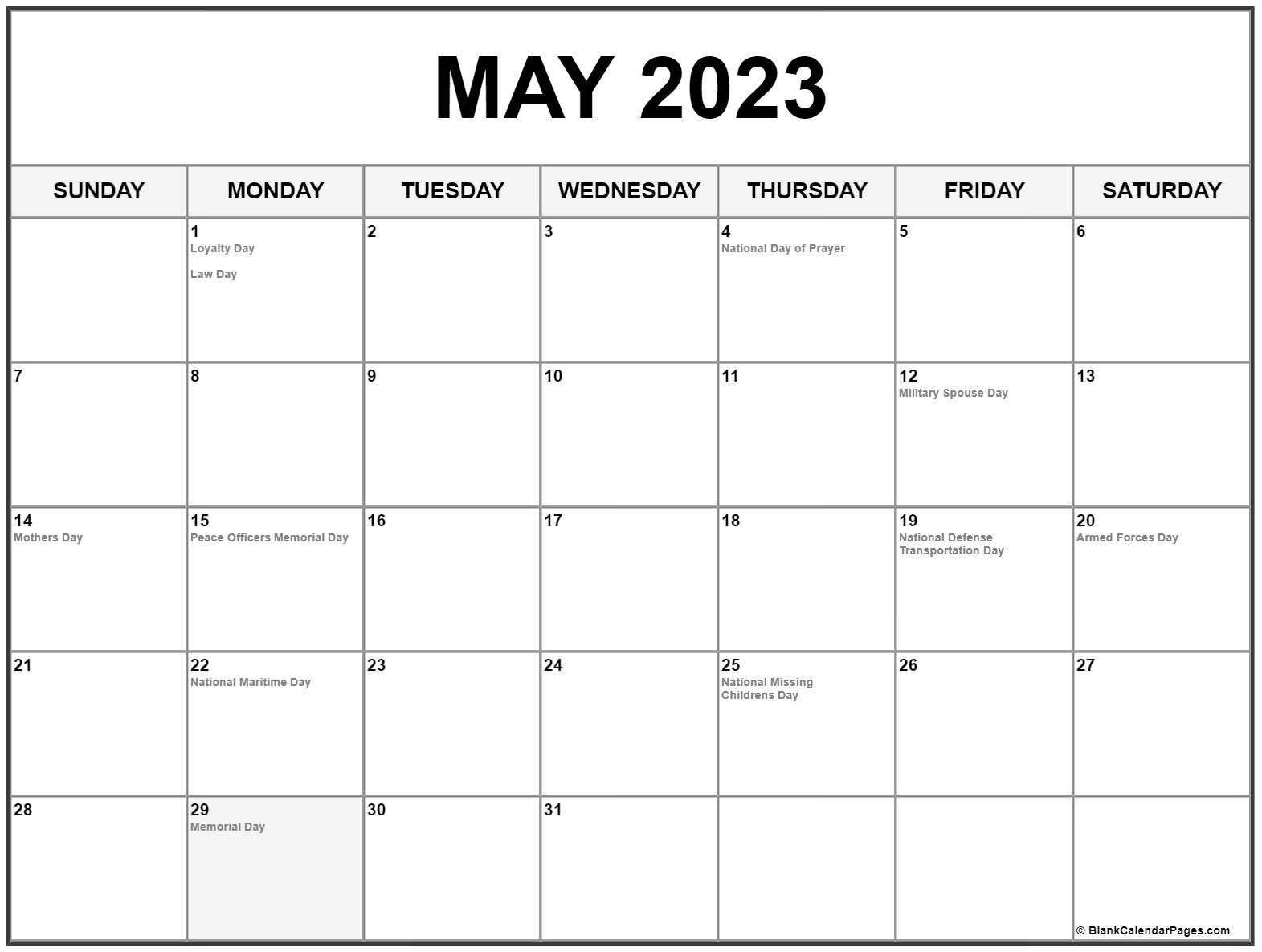 May 2023 Calendar With Holidays