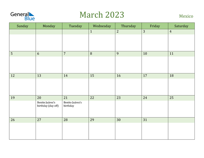 Mexico March 2023 Calendar With Holidays