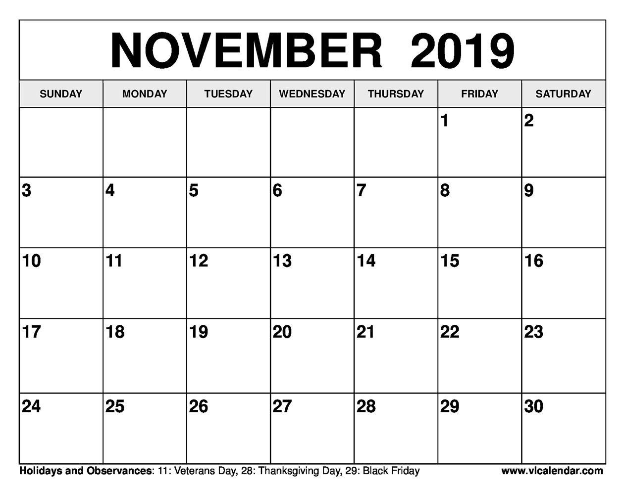 November Calendar 2019 Veterans Day CALNDA