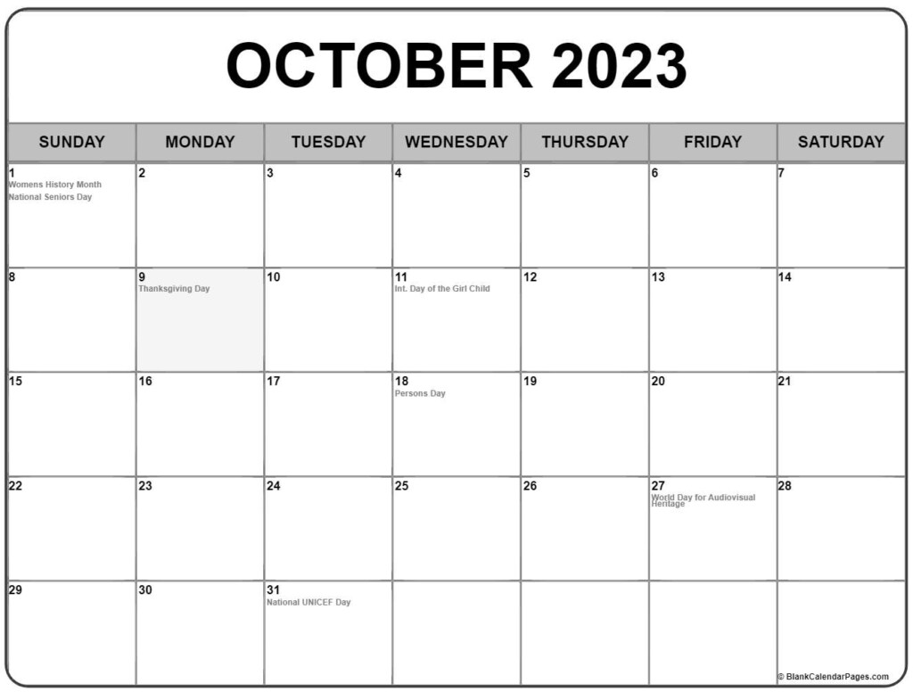 October 2023 With Holidays Calendar