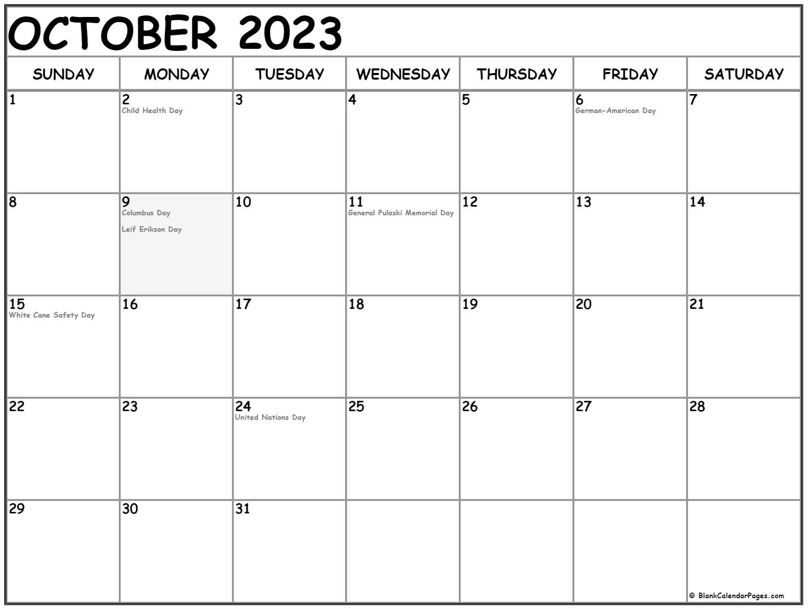 October 2023 With Holidays Calendar