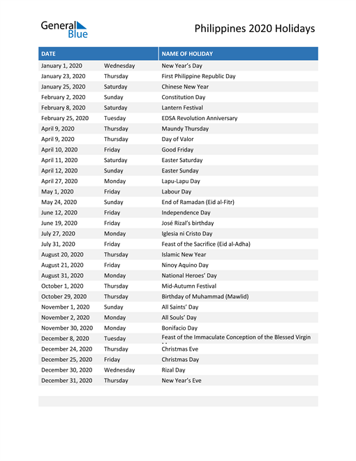 Philippines Holidays 2020 In PDF Word And Excel