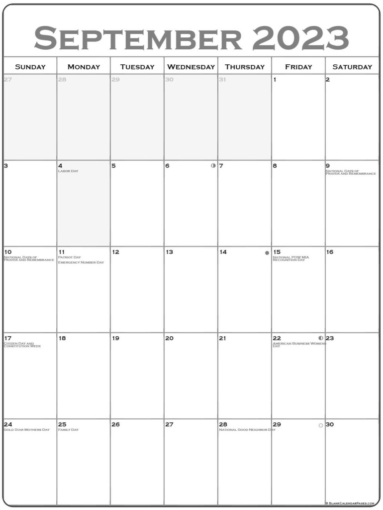 September 2023 Vertical Calendar Portrait
