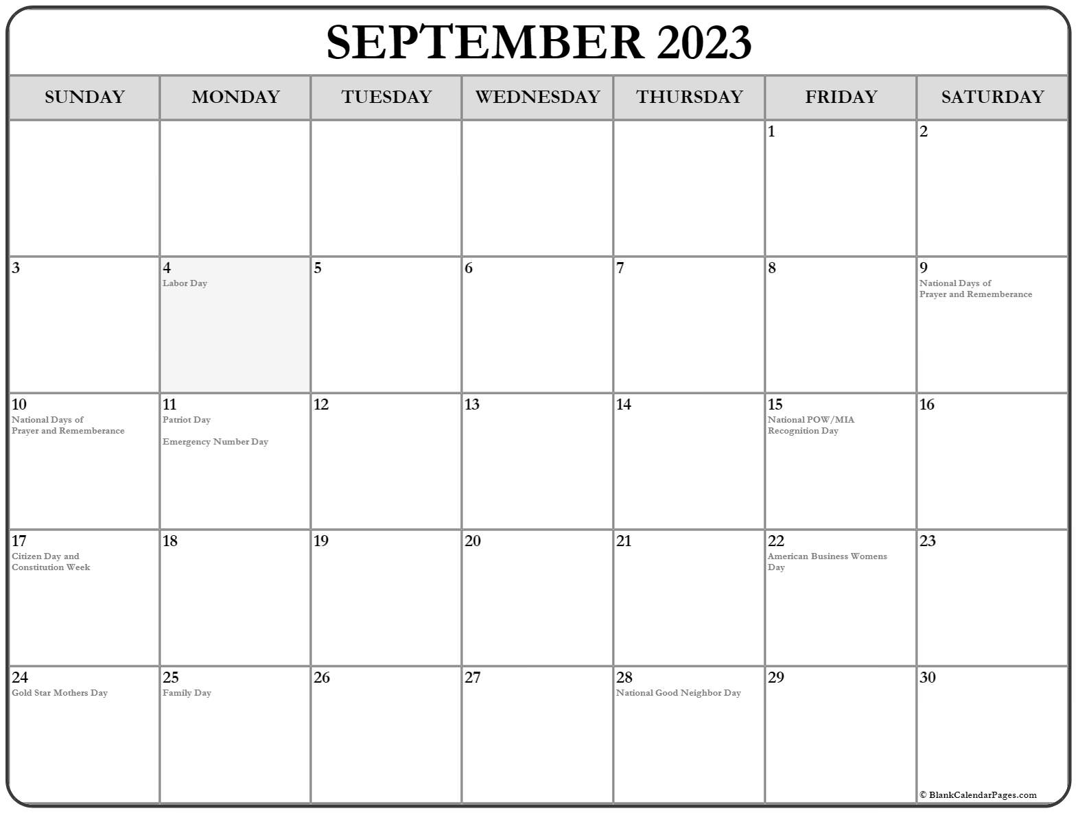 September 2023 With Holidays Calendar