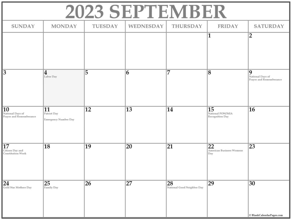 September 2023 With Holidays Calendar