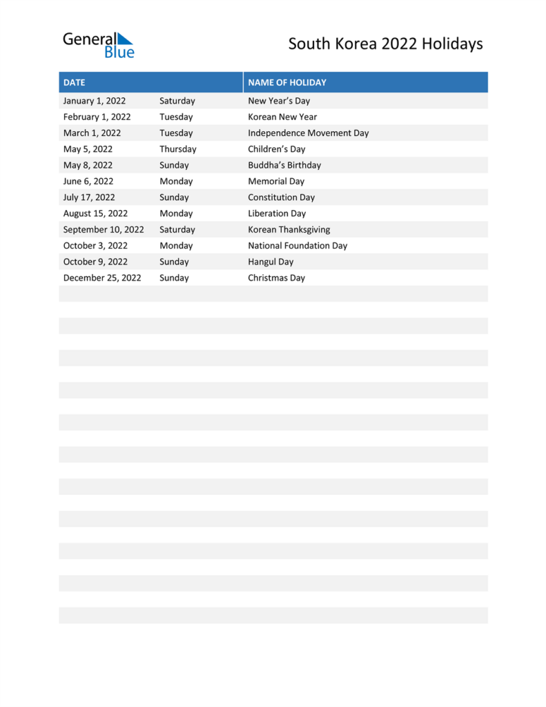 South Korea Holidays 2022 In PDF Word And Excel