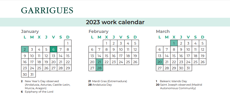 Spain This Is The Work Calendar For 2023 Garrigues
