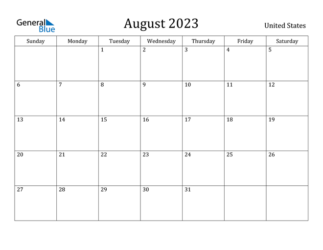 United States August 2023 Calendar With Holidays