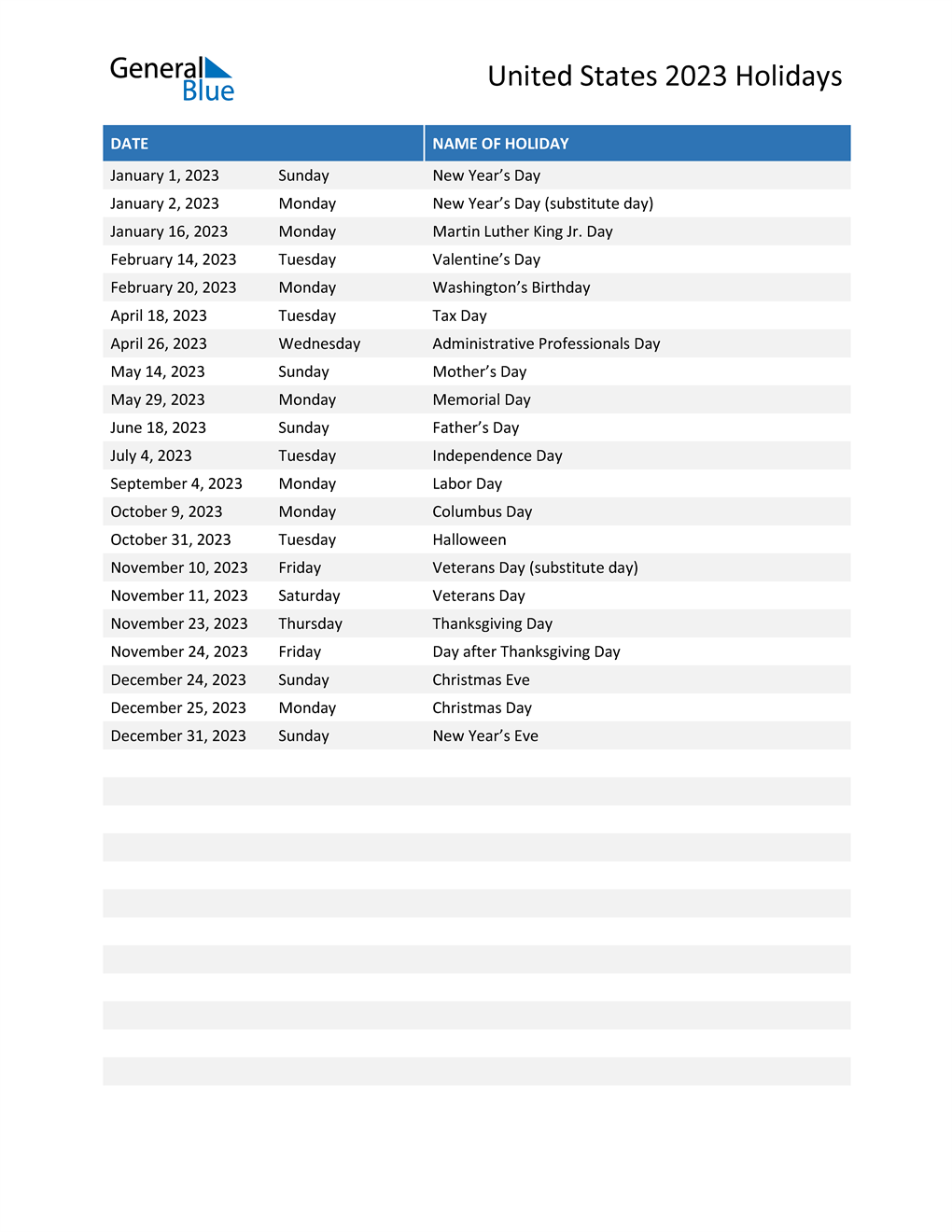 United States Holidays 2023 In PDF Word And Excel