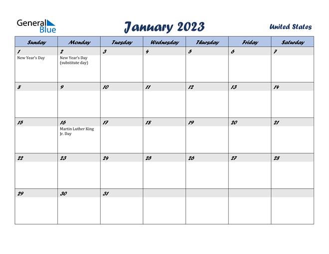 United States January 2023 Calendar With Holidays