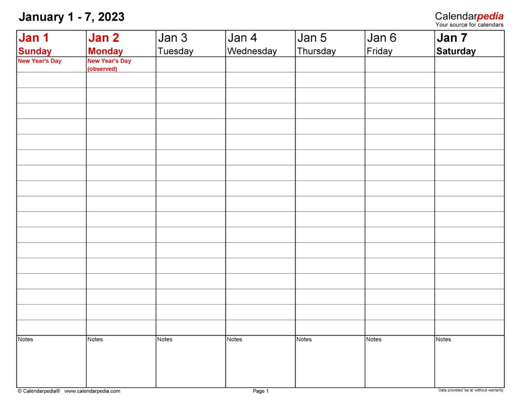 Weekly Calendars 2023 For PDF 12 Free Printable Templates